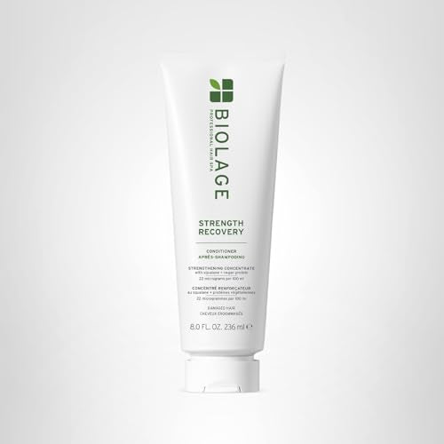 Biolage Strength Recovery Conditioner packaging and tube on sink counter for easy buying decision