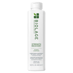 Biolage Strength Recovery Shampoo bottle highlights olive squalane and vegan proteins for stronger hair.