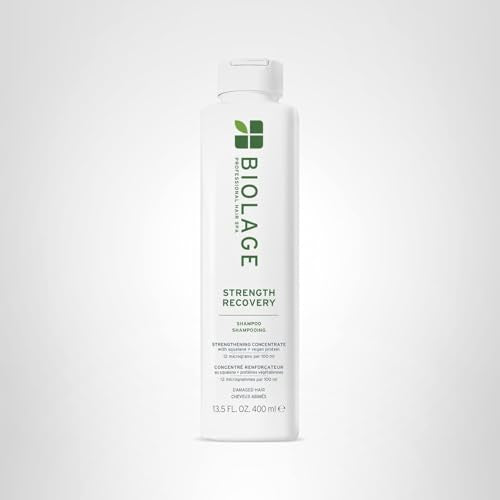 Biolage Strength Recovery Shampoo bottle on eco-friendly packaging.
