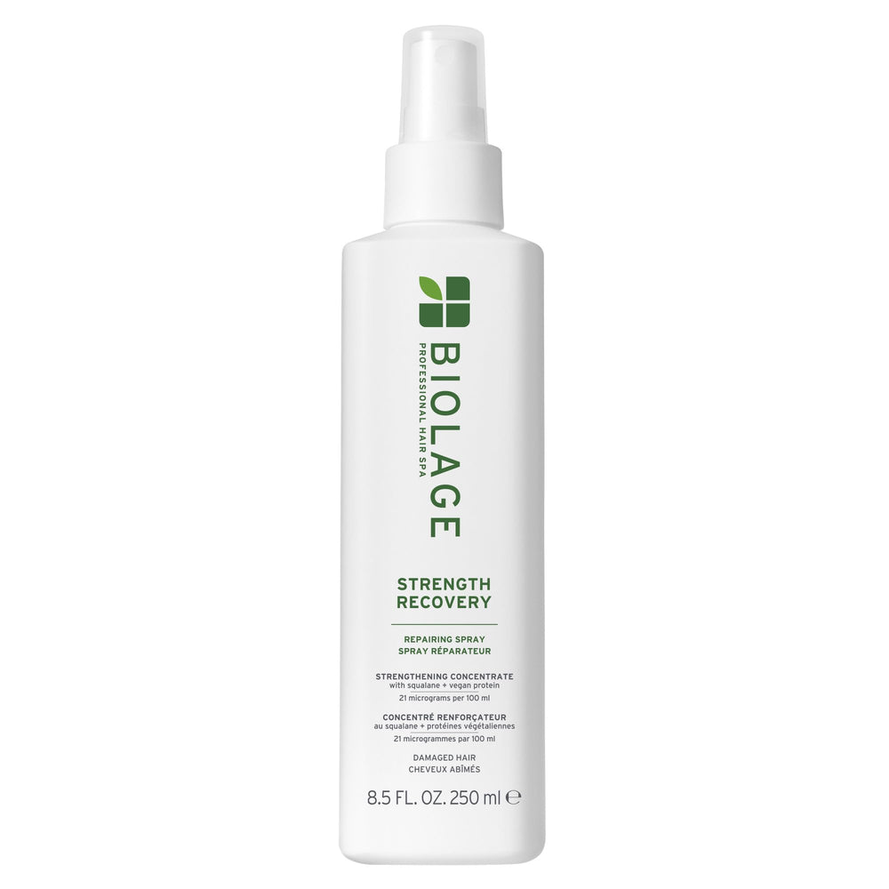 Biolage Strength Recovery Spray bottle with heat protection and breakage prevention