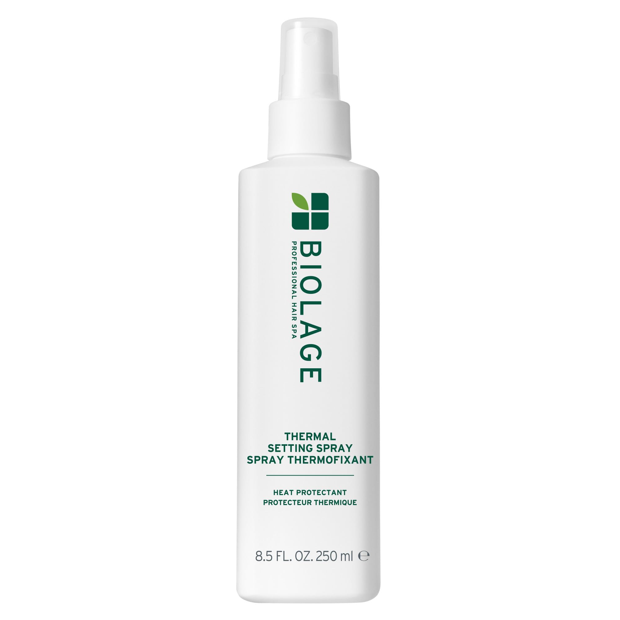 Biolage Thermal Setting Spray bottle front, heat protection up to 450°F.