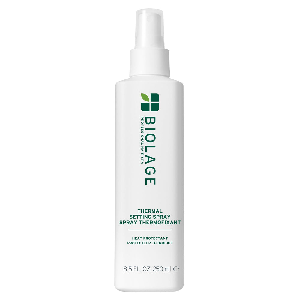 Biolage Thermal Setting Spray bottle front, heat protection up to 450°F.