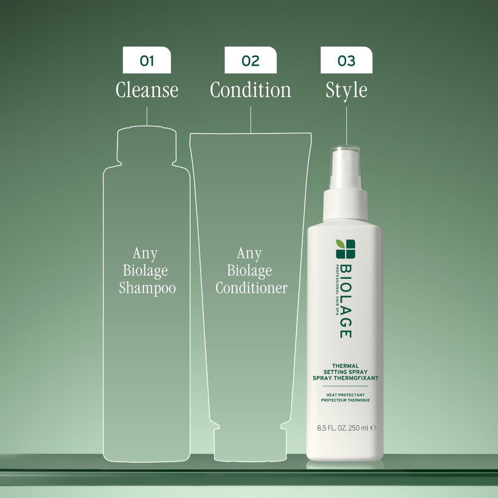 Biolage Thermal Setting Spray finish adds volume and body to hair.
