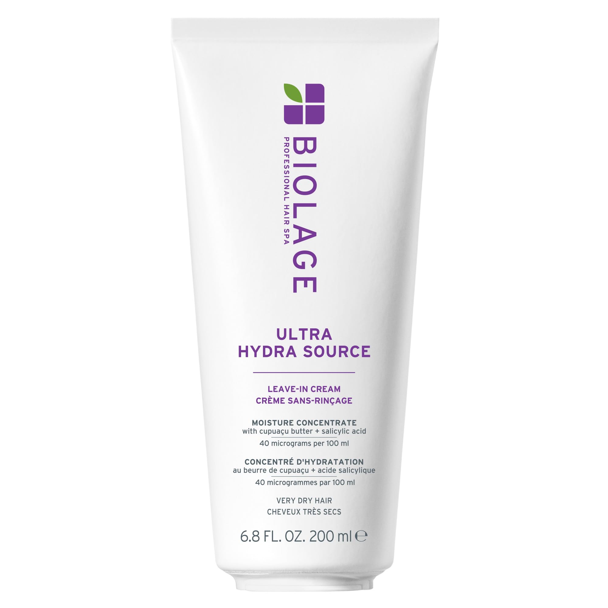 Biolage Ultra Hydra Source leave-in cream bottle delivers lightweight hydration for very dry hair.