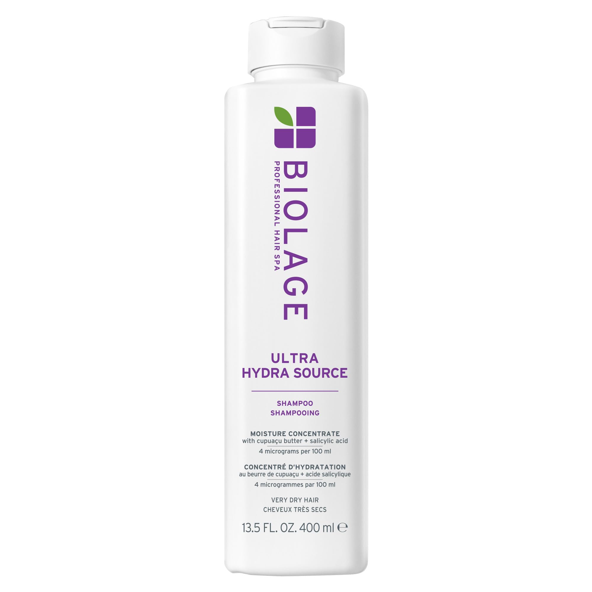 Biolage Ultra Hydra Source shampoo bottle delivers gentle cleansing and deep hydration for dry, coarse hair.