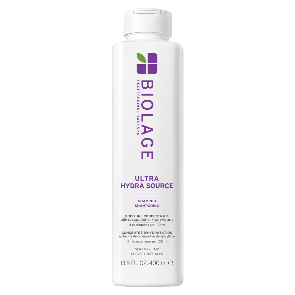Biolage Ultra Hydra Source shampoo bottle delivers gentle cleansing and deep hydration for dry, coarse hair.