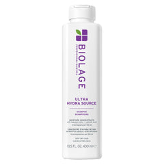 Biolage Ultra Hydra Source shampoo bottle delivers gentle cleansing and deep hydration for dry, coarse hair.