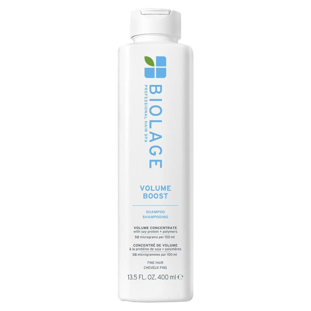Biolage VolumeBoost Shampoo bottle close-up highlights gentle cleansing for fine hair