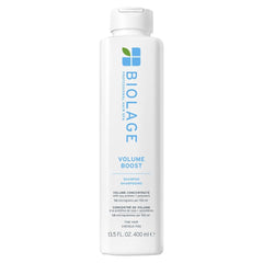 Biolage VolumeBoost Shampoo bottle close-up highlights gentle cleansing for fine hair