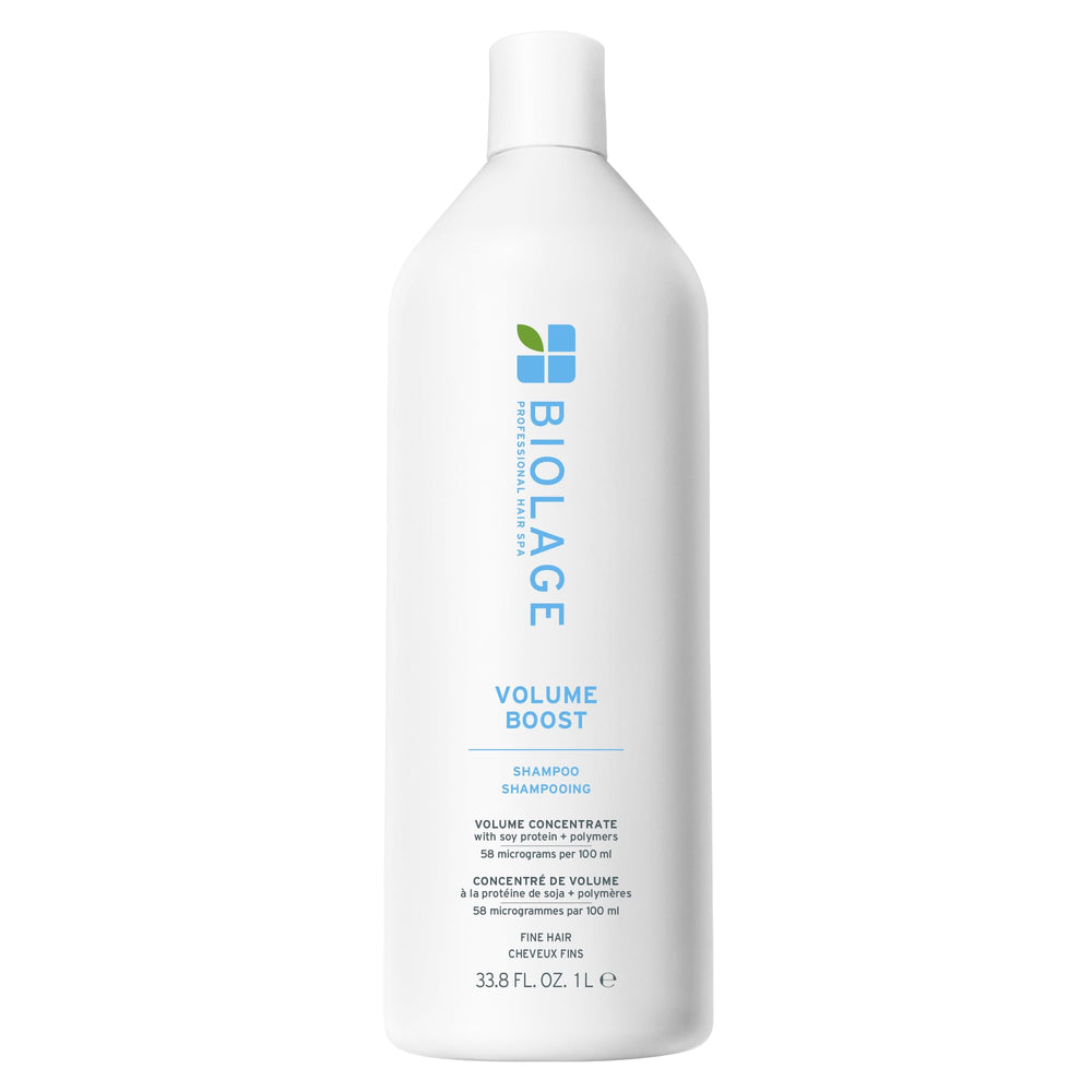 Biolage VolumeBoost Shampoo bottle shows root lift for fine hair and long-lasting volume.