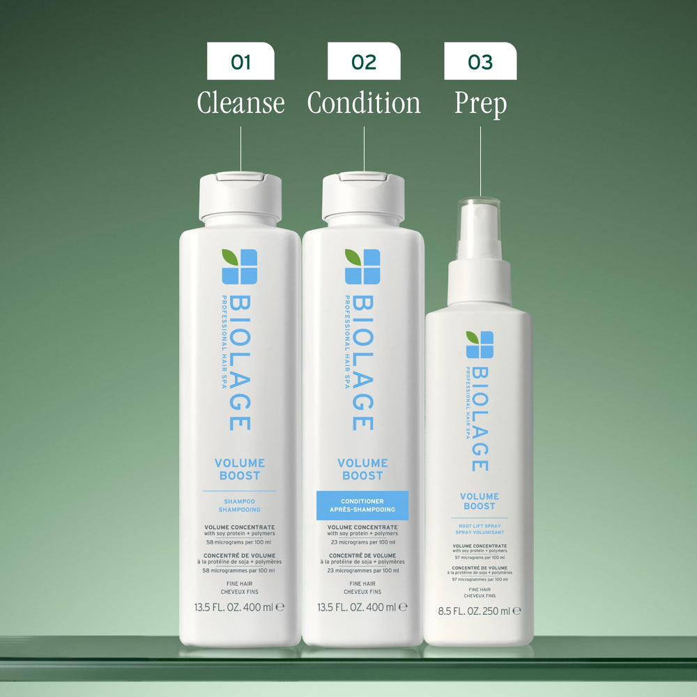 Biolage VolumeBoost Shampoo packaging communicates vegan and paraben-free formula.