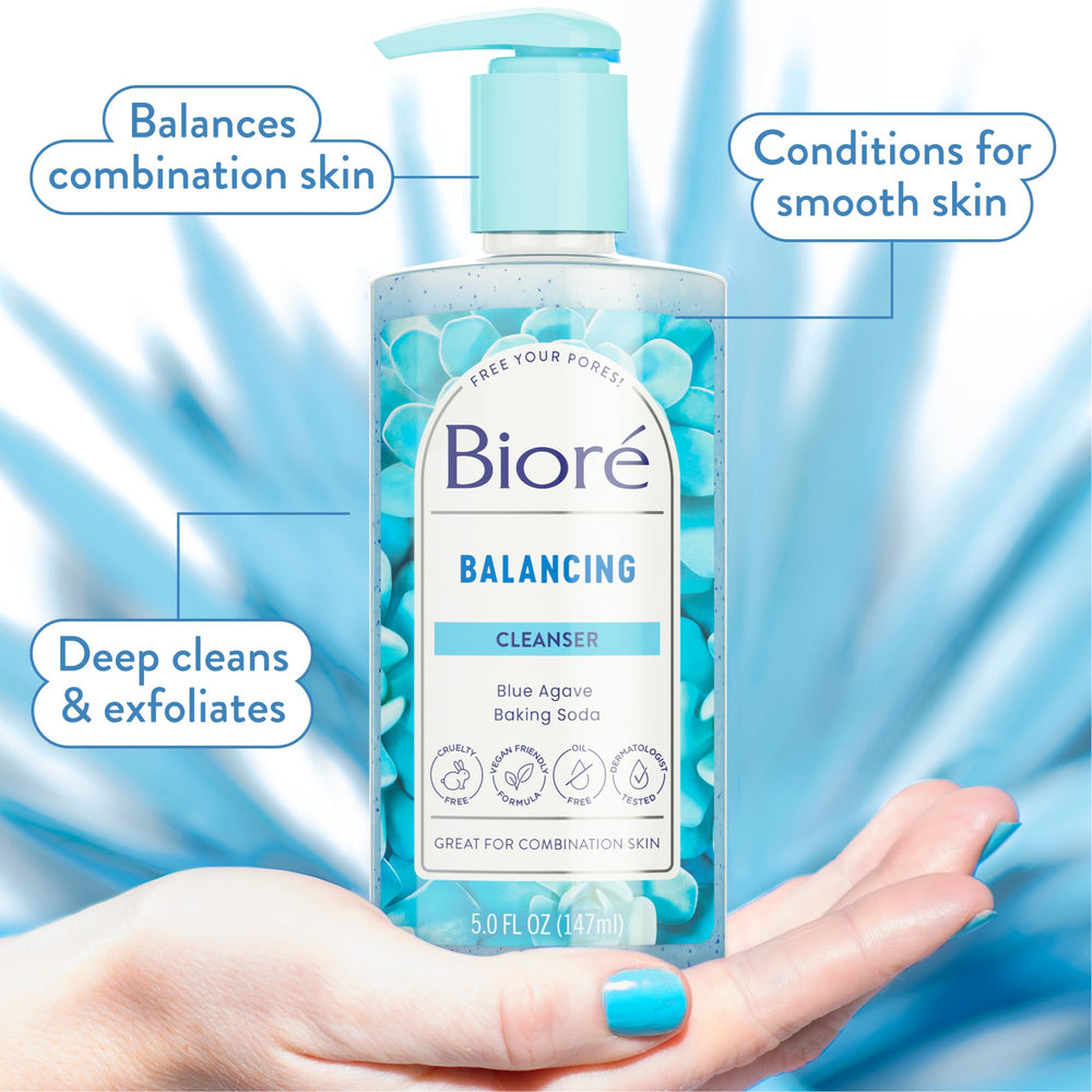 Biore Balancing Face Wash pump action image highlighting quick daily lather.