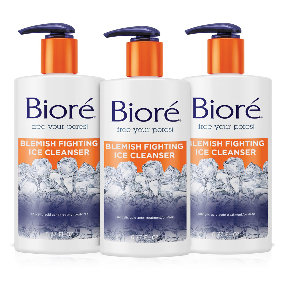 Biore blemish fighting ice cleanser bottle with cooling action for refreshed skin.