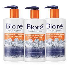 Biore blemish fighting ice cleanser bottle with cooling action for refreshed skin.