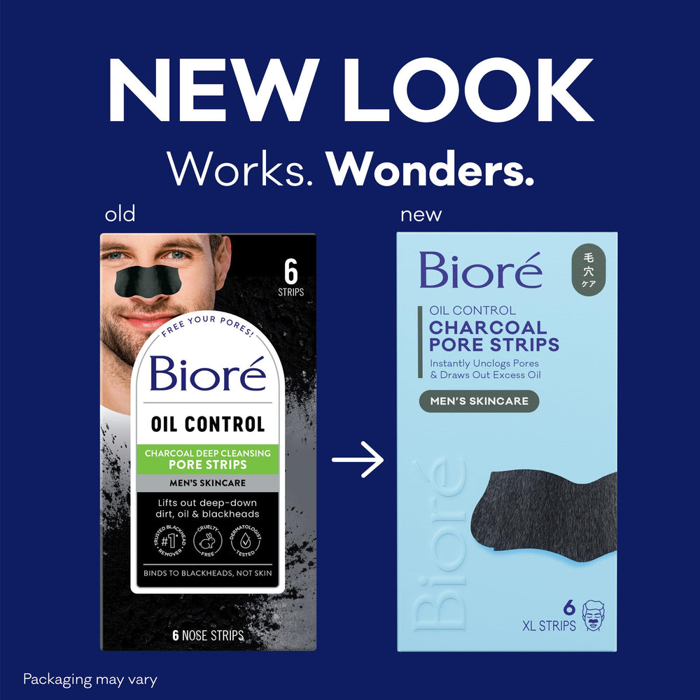 Biore charcoal nose strip on a man's face demonstrates oil control