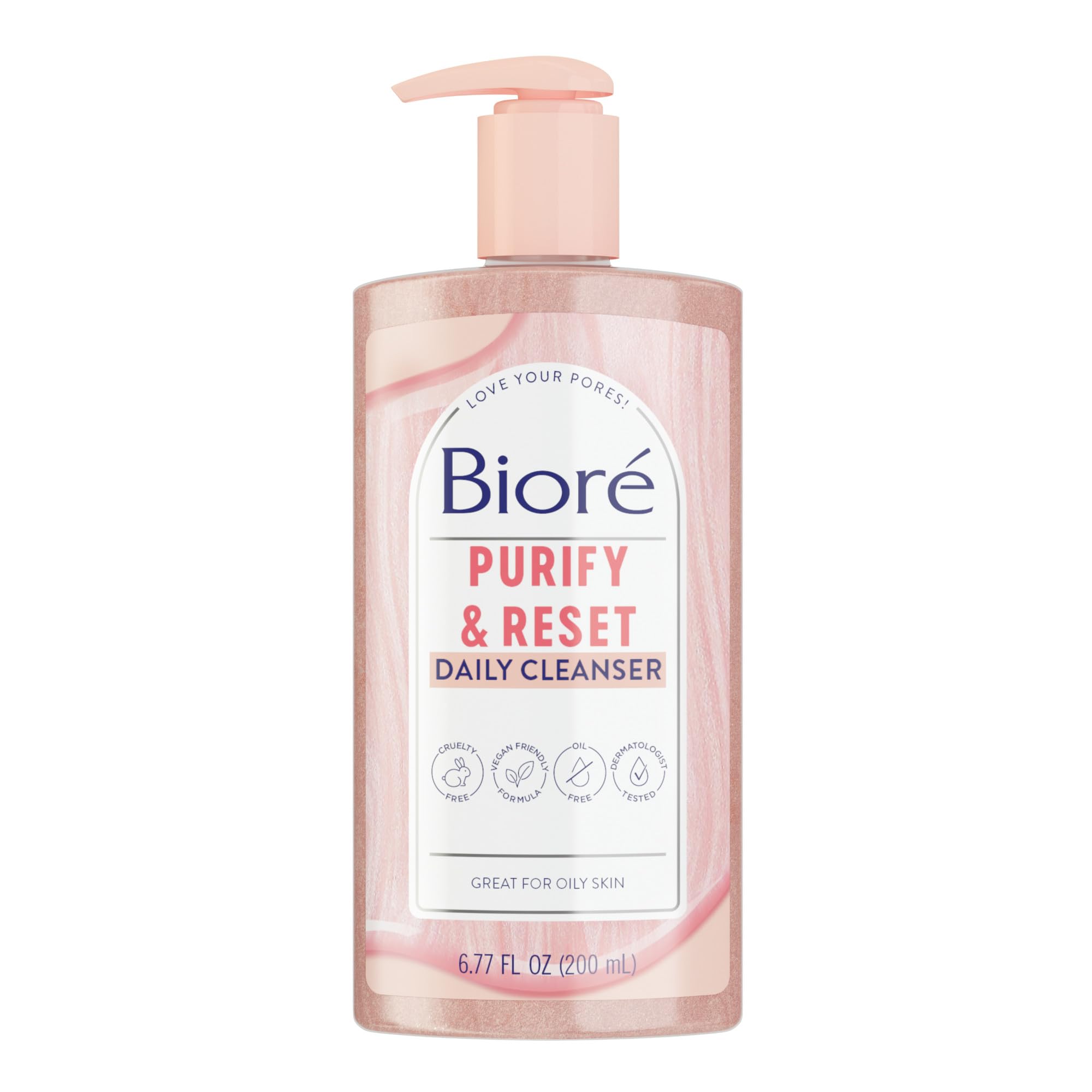 Biore Purify & Reset bottle front shows oil-free formula for daily cleansing.
