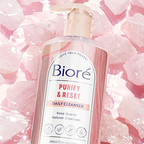 Biore Purify & Reset pore cleansing on close-up skin texture.