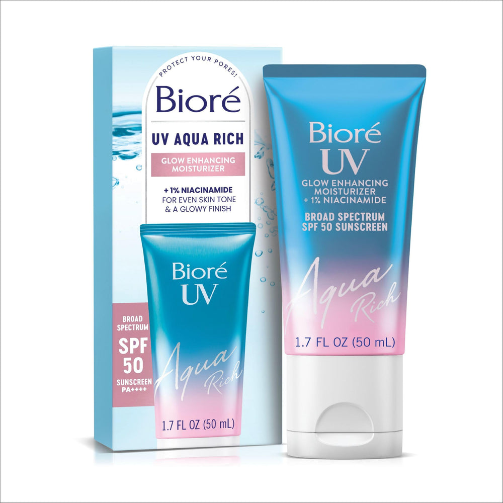 Bioré UV Aqua Rich Glow en botella, hidratación instantánea y brillo natural.