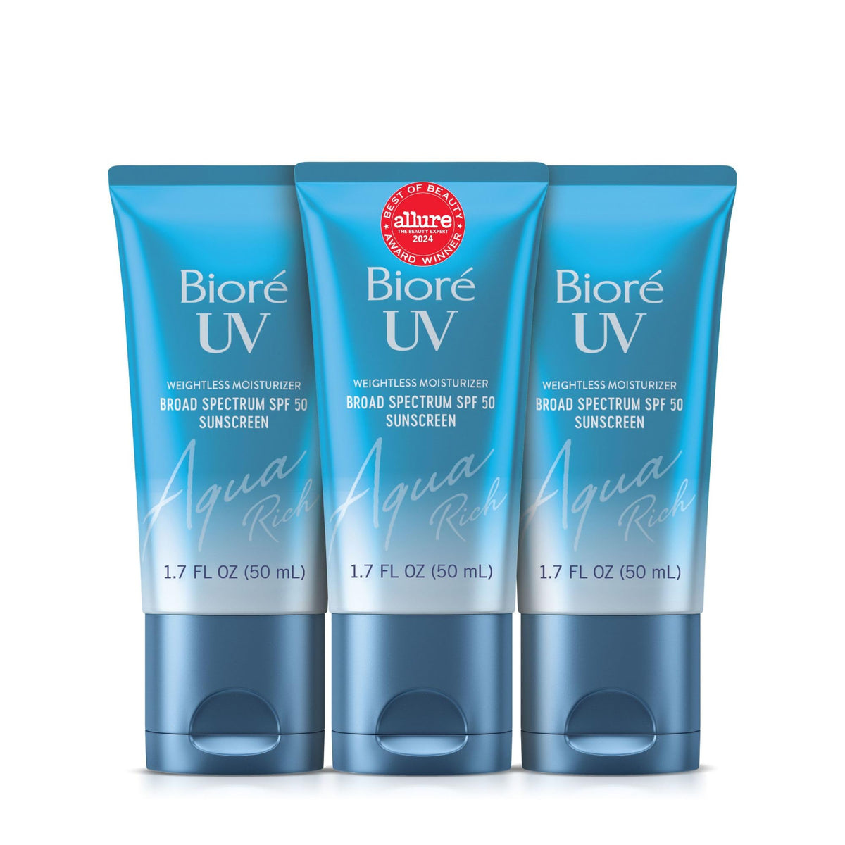 Biore UV Aqua Rich SPF 50 moisturizer in a bottle delivering lightweight protection.