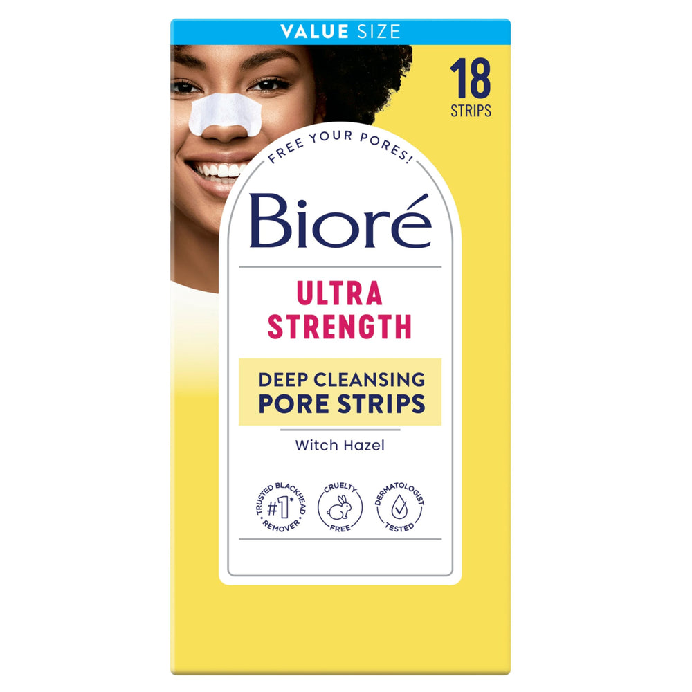 Biore Witch Hazel Ultra Strength Pore Strips box front showing packaging for deep cleansing pores
