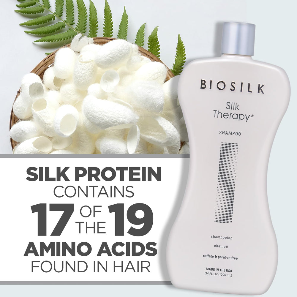 BioSilk Silk Therapy Shampoo bottle featuring botanical extracts for nourishing cleanse