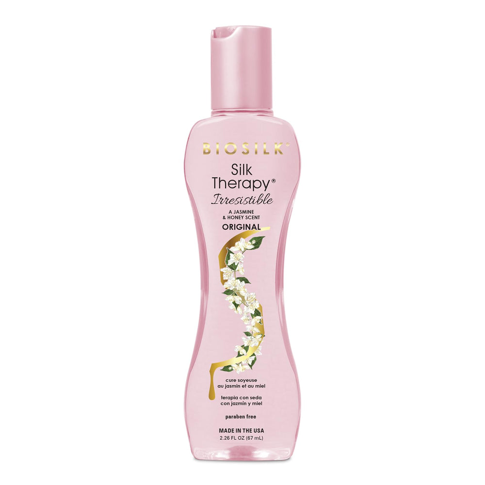 BioSilk Silk Therapy Irresistible, botella vertiendo facilita dosificación para uso diario.