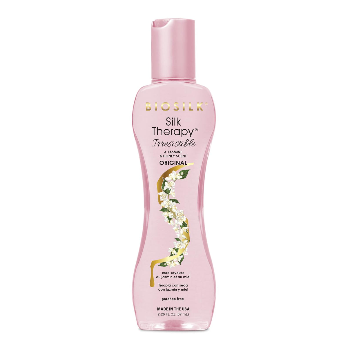 BioSilk Silk Therapy Irresistible, botella vertiendo facilita dosificación para uso diario.
