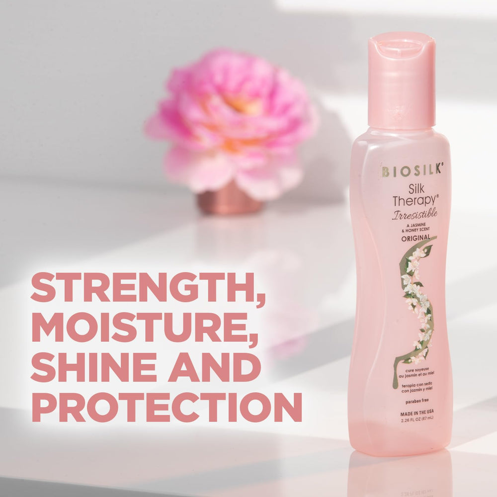 BioSilk Silk Therapy Irresistible muestra textura seda para cabello suave y manejable.
