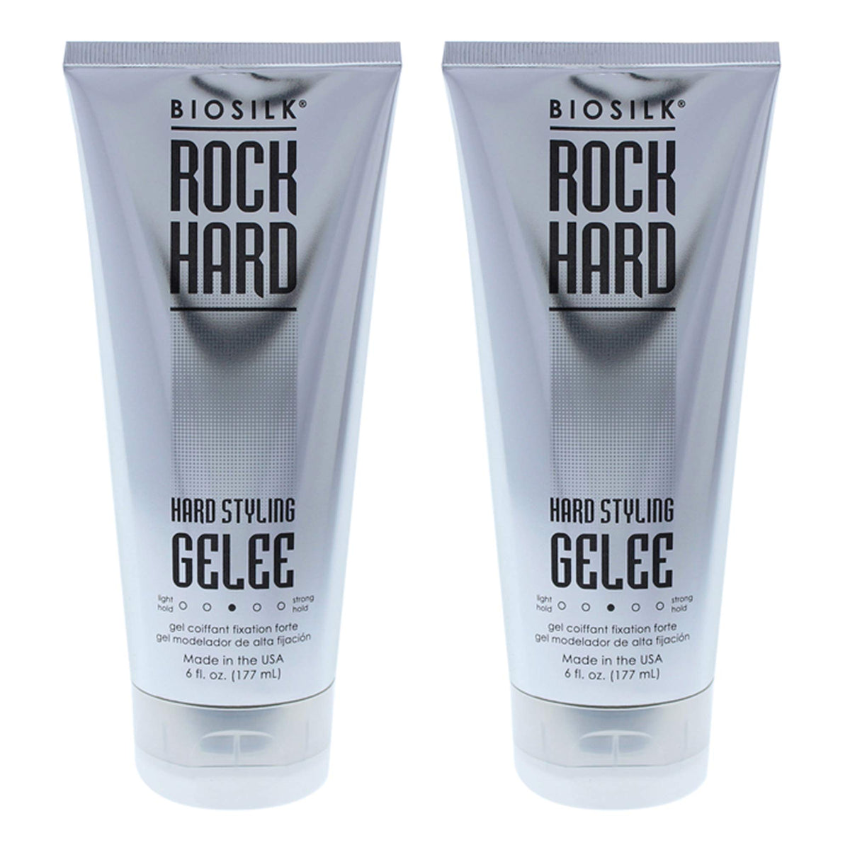 BioSilk Rock Hard Gel in a 6 oz bottle; unisex styling and versatile hold in a pack of 2.