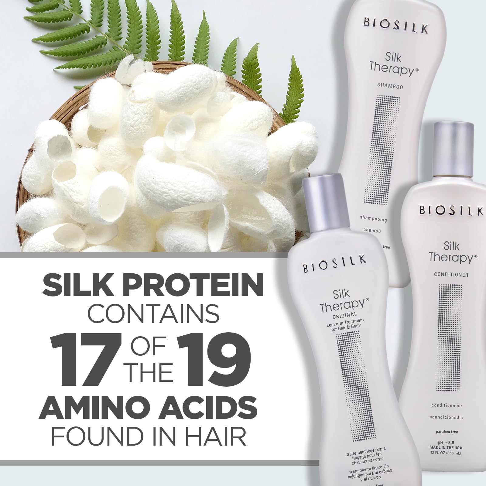 BioSilk Silk Therapy bottle with lather and radiant hair shine.