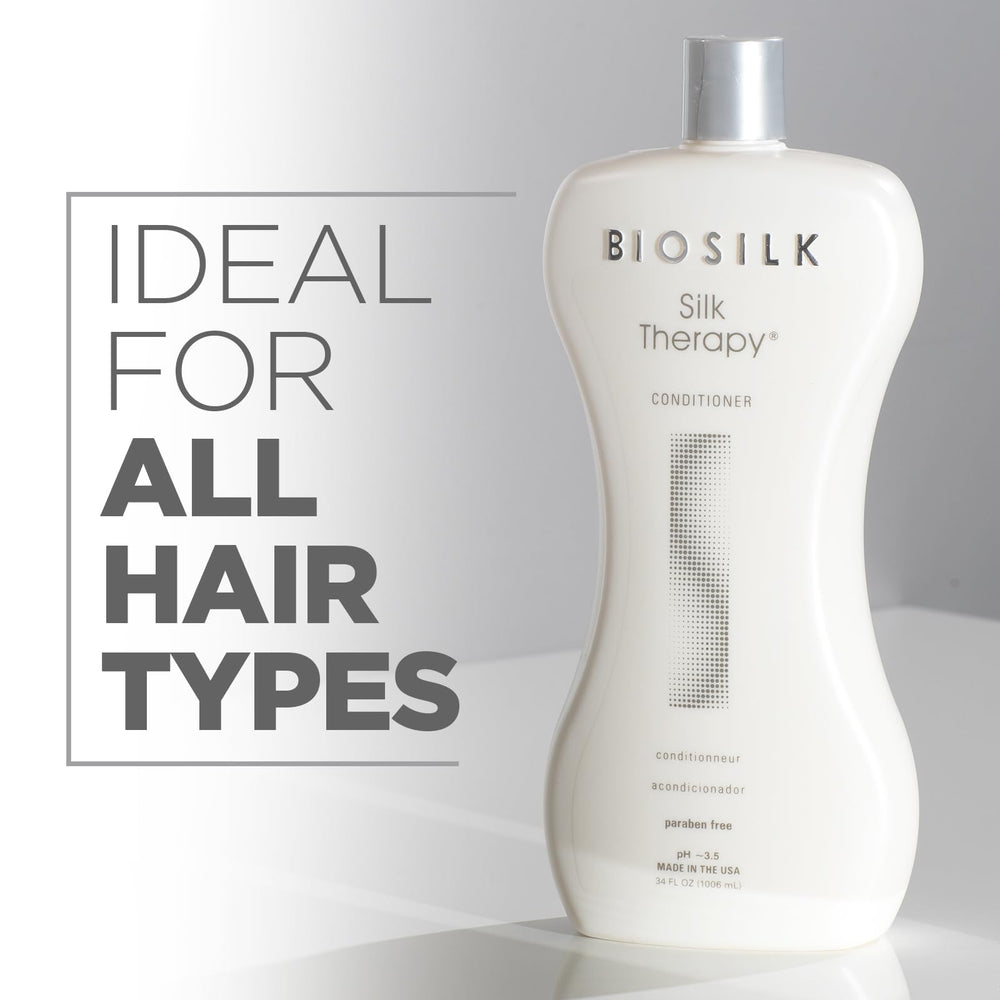BioSilk Silk Therapy Conditioner bottle on shelf with healthy shine.