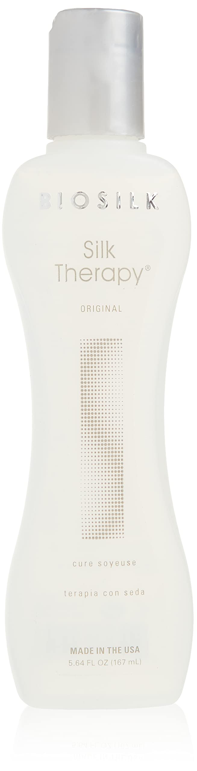 BioSilk botella Silk Therapy Cure mostrando tratamiento capilar con brillo