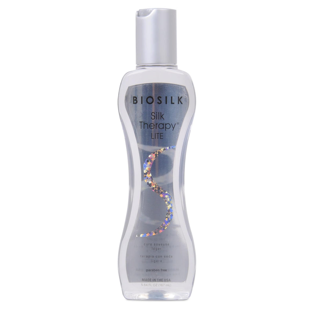 BioSilk Silk Therapy Lite, botella visible. Suavidad sin peso para cabello fino.