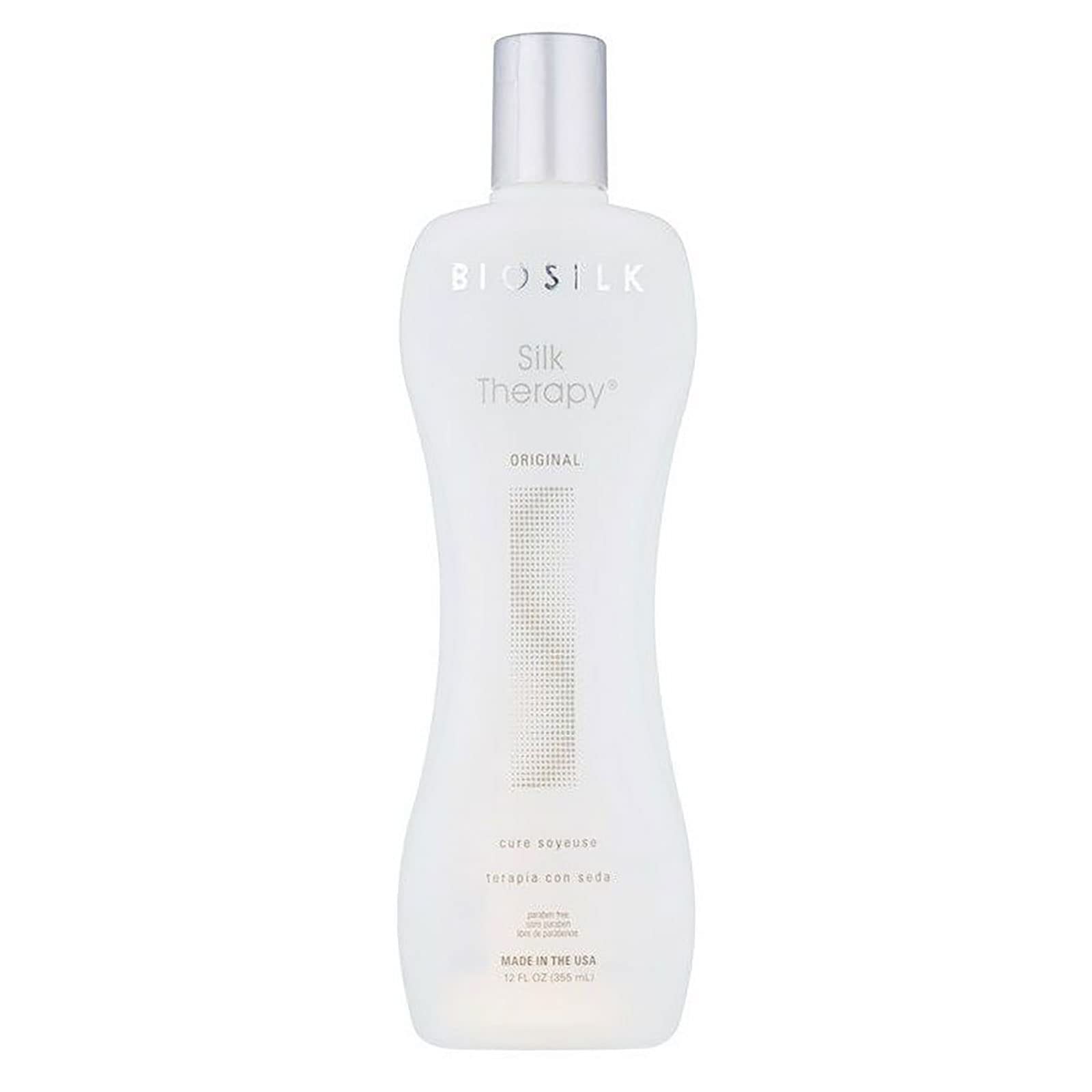 BioSilk Silk Therapy Serum bottle demonstrates frizz control and lasting shine for all hair types.