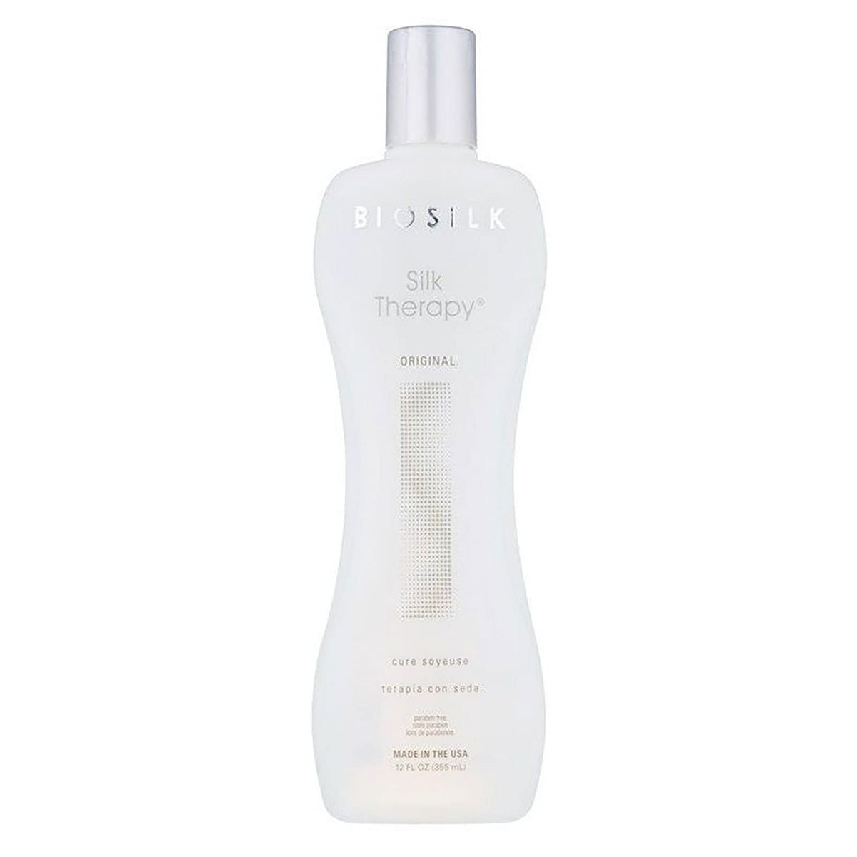 BioSilk Silk Therapy Serum bottle demonstrates frizz control and lasting shine for all hair types.