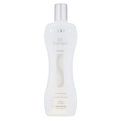 BioSilk Silk Therapy Serum bottle demonstrates frizz control and lasting shine for all hair types.