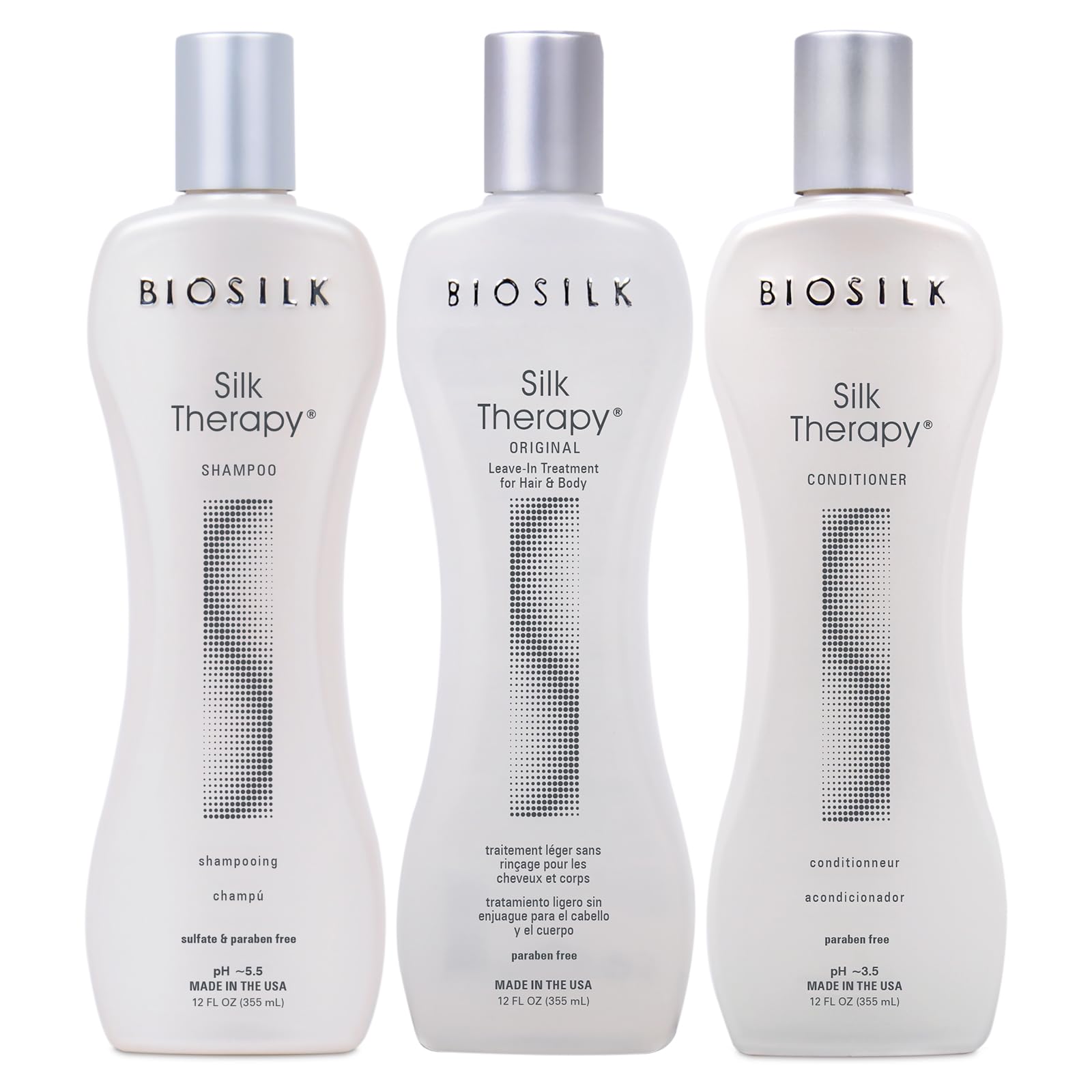BioSilk Silk Therapy shampoo bottle showing shine-enhancing formula for all hair types.