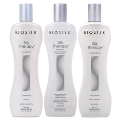 BioSilk Silk Therapy shampoo bottle showing shine-enhancing formula for all hair types.