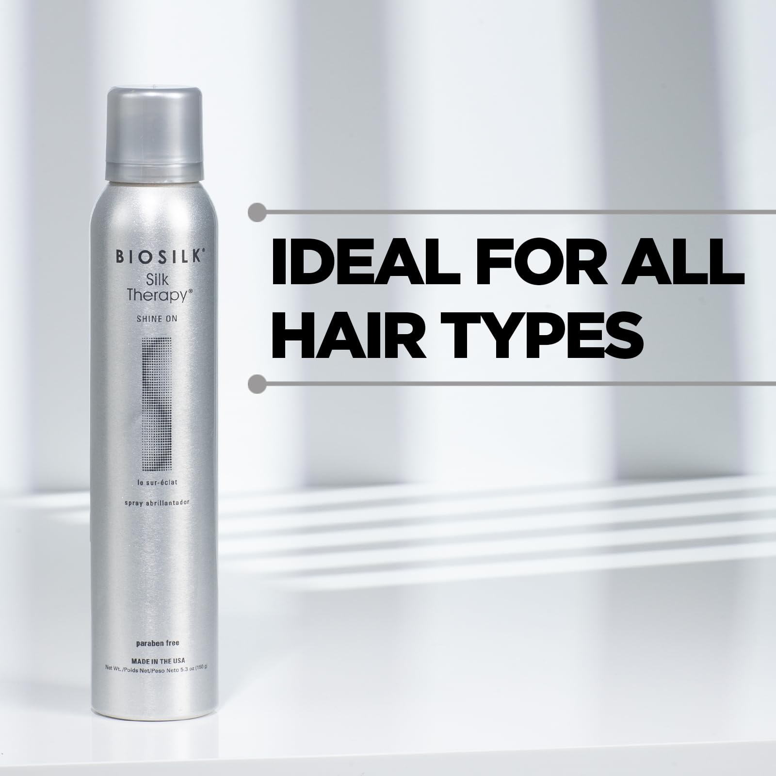 BioSilk Shine On para viajes: spray ligero y práctico para cabello en movimiento.