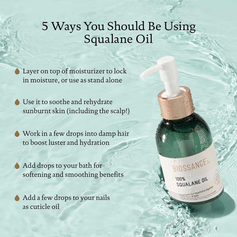 BIOSSANCE 100% Squalane Oil texture-drop shows smooth, non-greasy finish.
