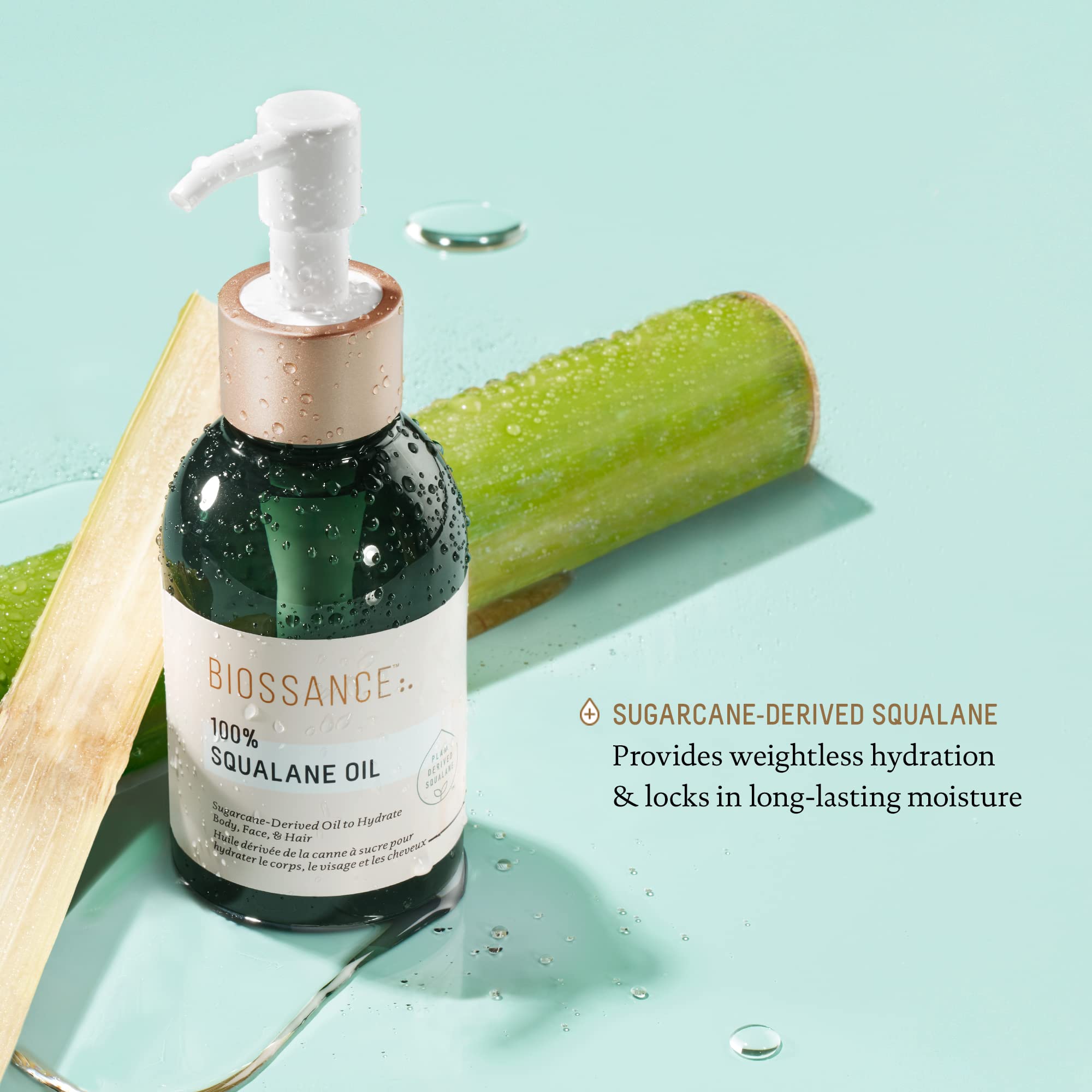 BIOSSANCE 100% Squalane Oil vegan ingredient highlights sustainable sourcing.