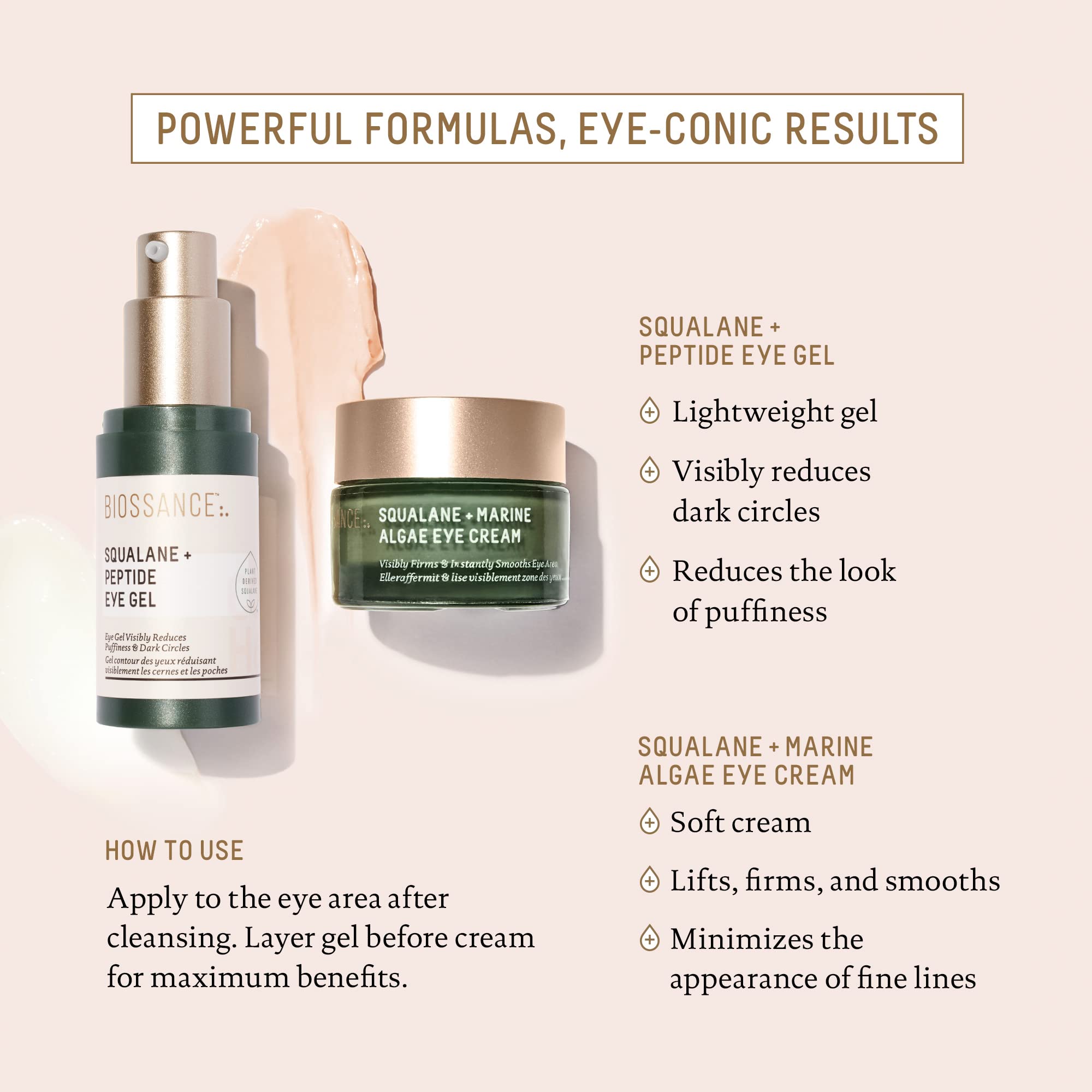 Hands applying BIOSSANCE eye cream showing smooth under-eye application