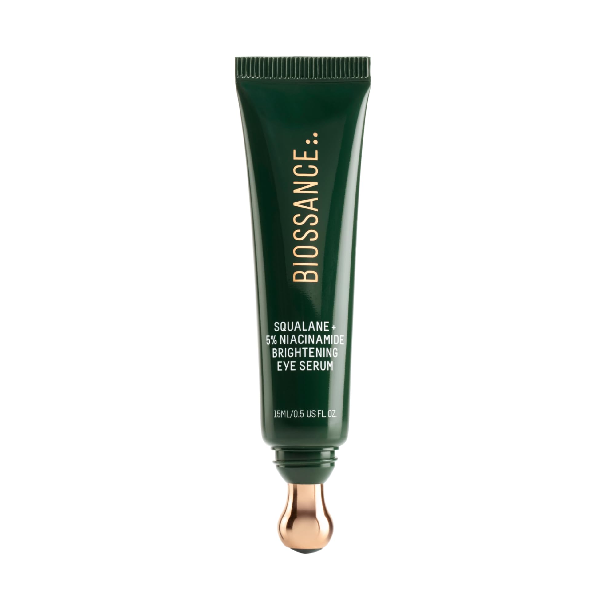 Biossance eye serum rollerball closeup for cooling lymphatic massage and depuffing