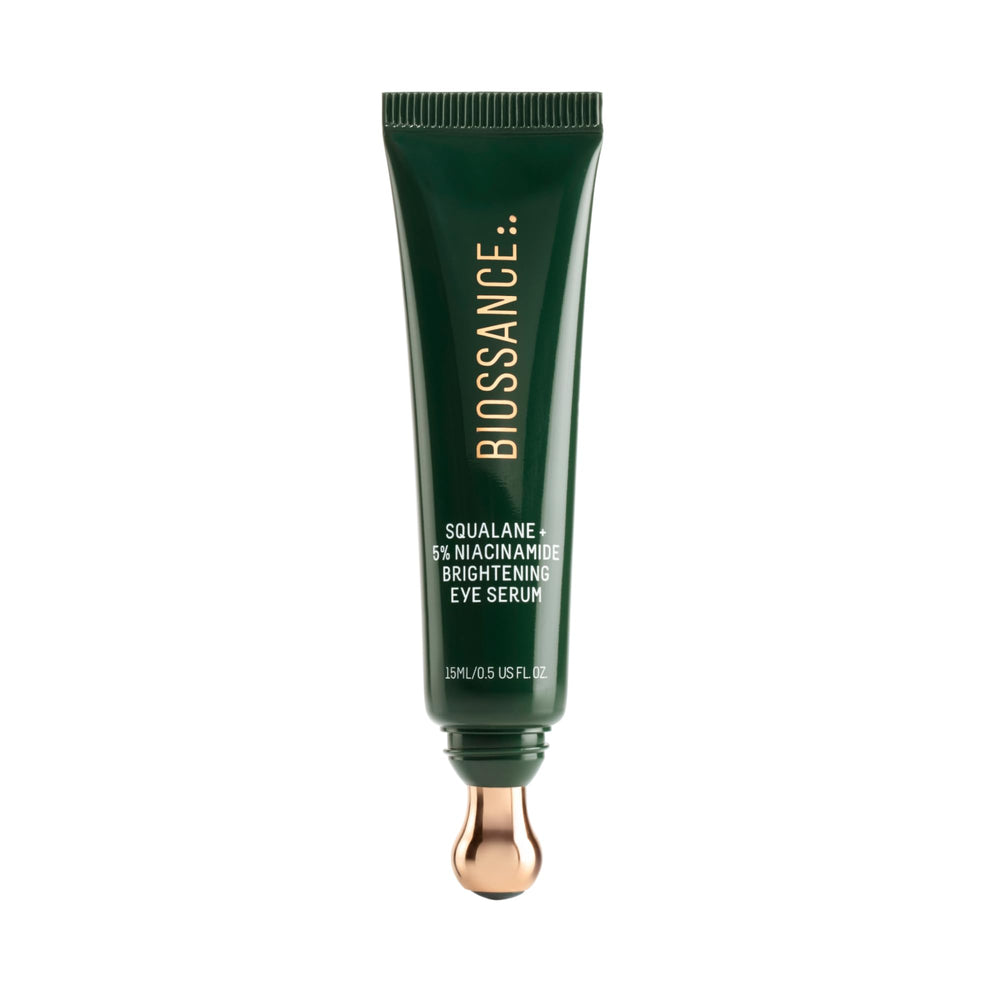 Biossance eye serum rollerball closeup for cooling lymphatic massage and depuffing