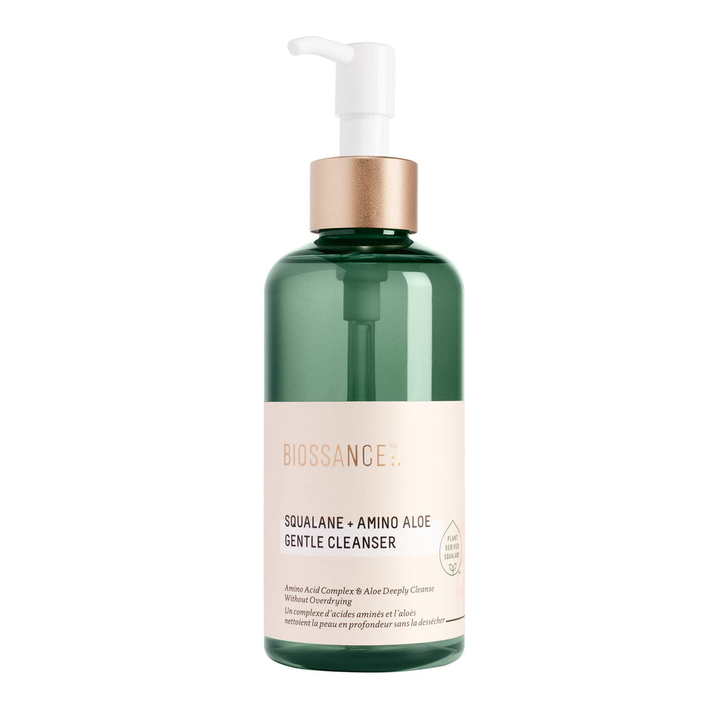 BIOSSANCE Squalane + Amino Aloe pump bottle shows a hydrating cleanse for all skin types.