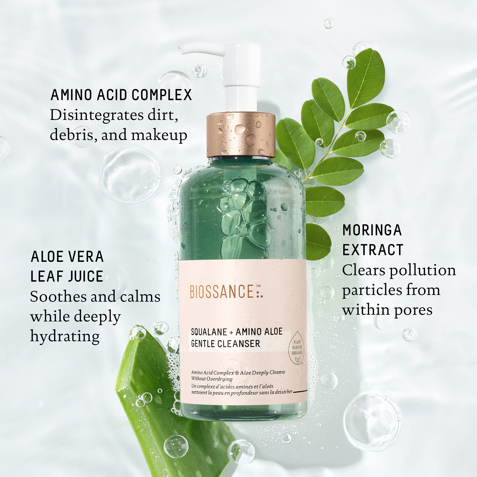Close-up shows moringa-extract cleansing for purifying pores in BIOSSANCE product.