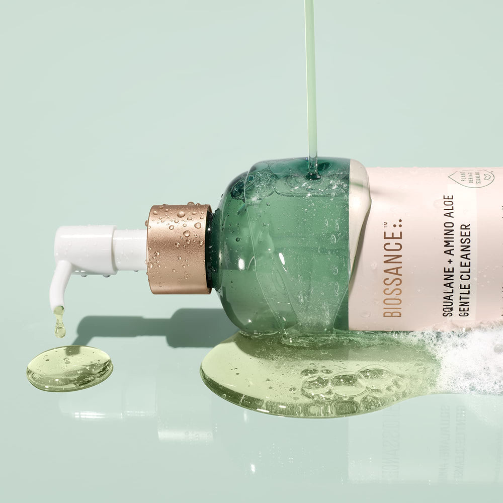 Aloe visuals on BIOSSANCE bottle indicate soothing, balanced skin after cleansing.