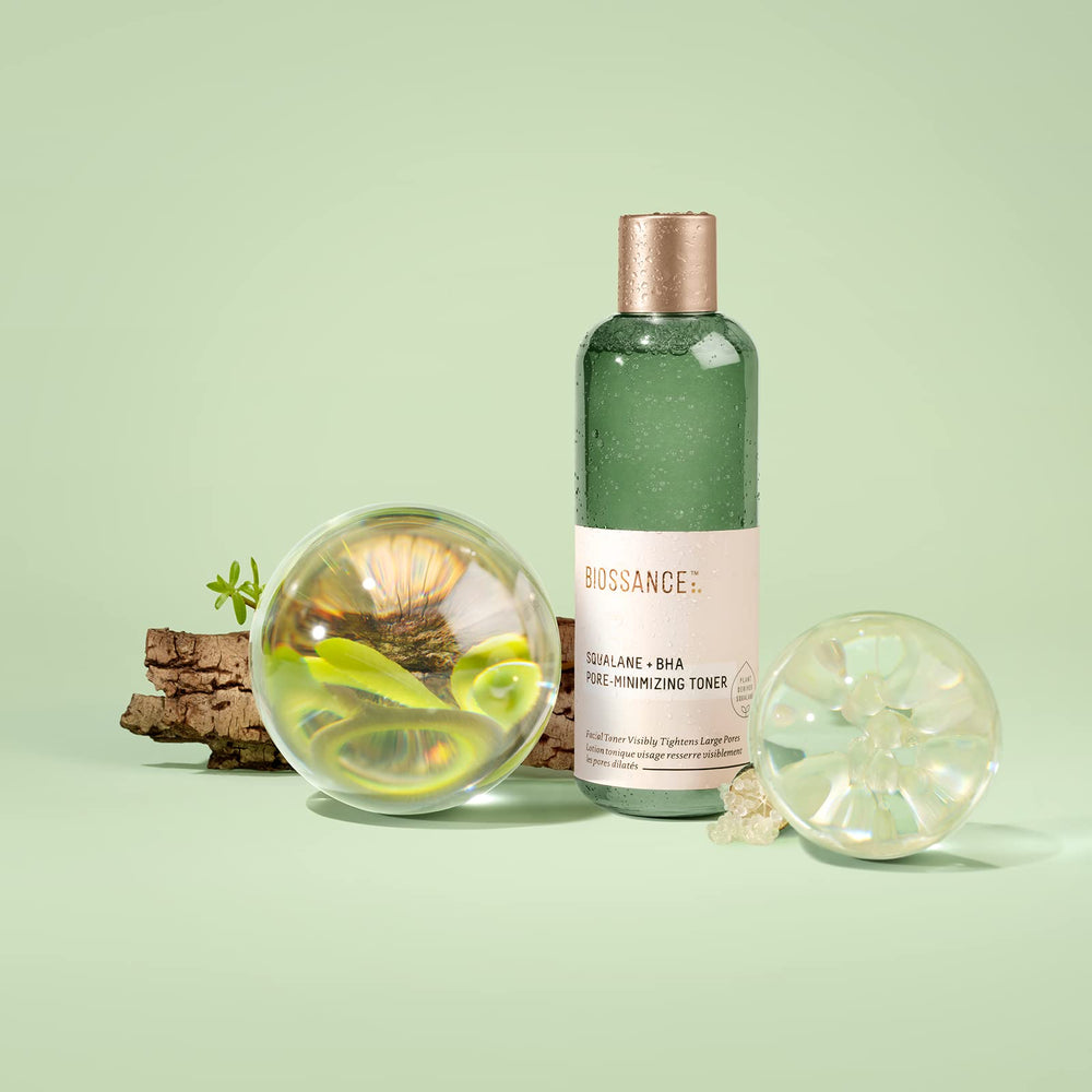 Daily exfoliation scene demonstrates gentle, non-irritating use with BIOSSANCE toner.