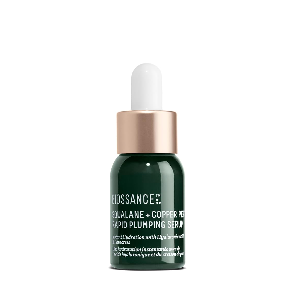 BIOSSANCE Squalane + Copper Peptide serum bottle closeup for instant hydration.
