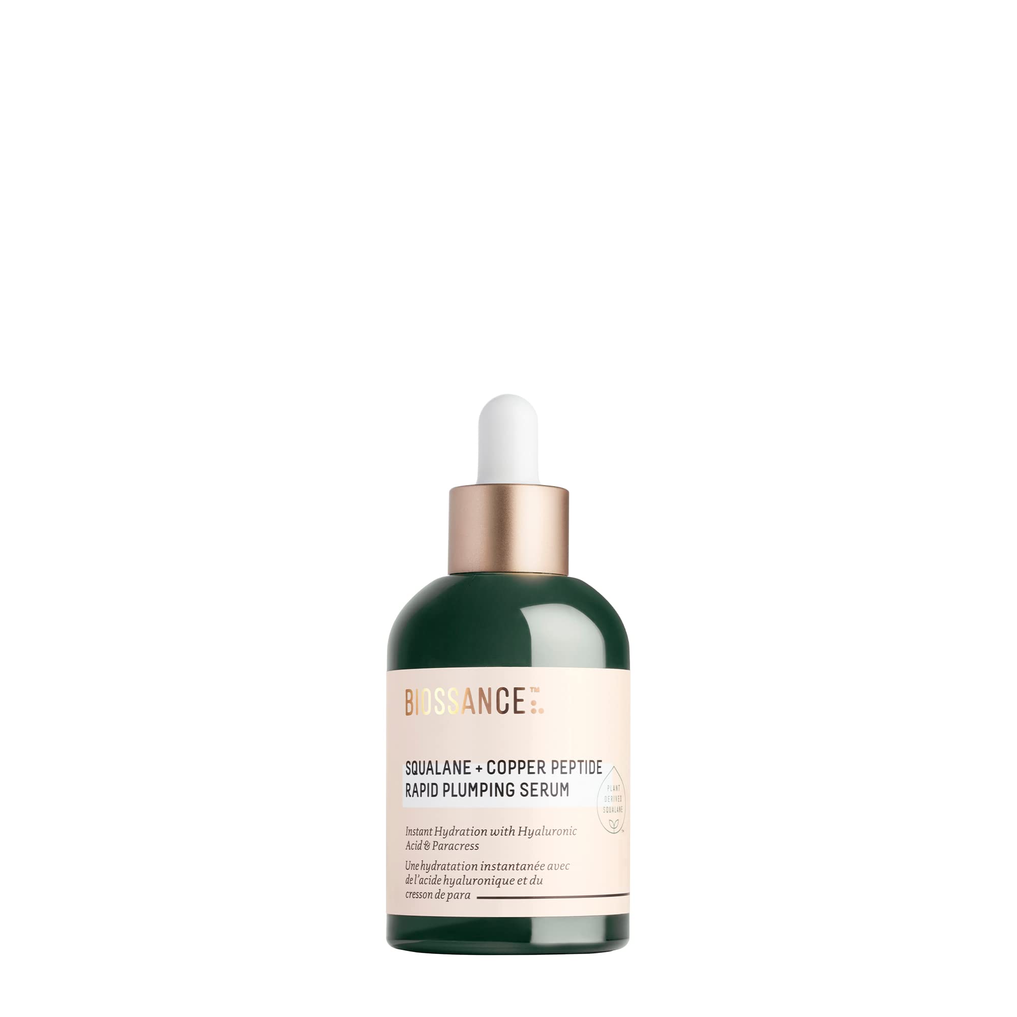 BIOSSANCE squalane copper peptide serum bottle showing instant hydration on skin